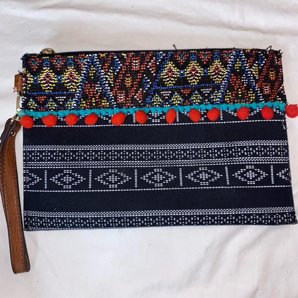 Mix No. 6 Black Beaded Pom-Pom Wristlet Clutch